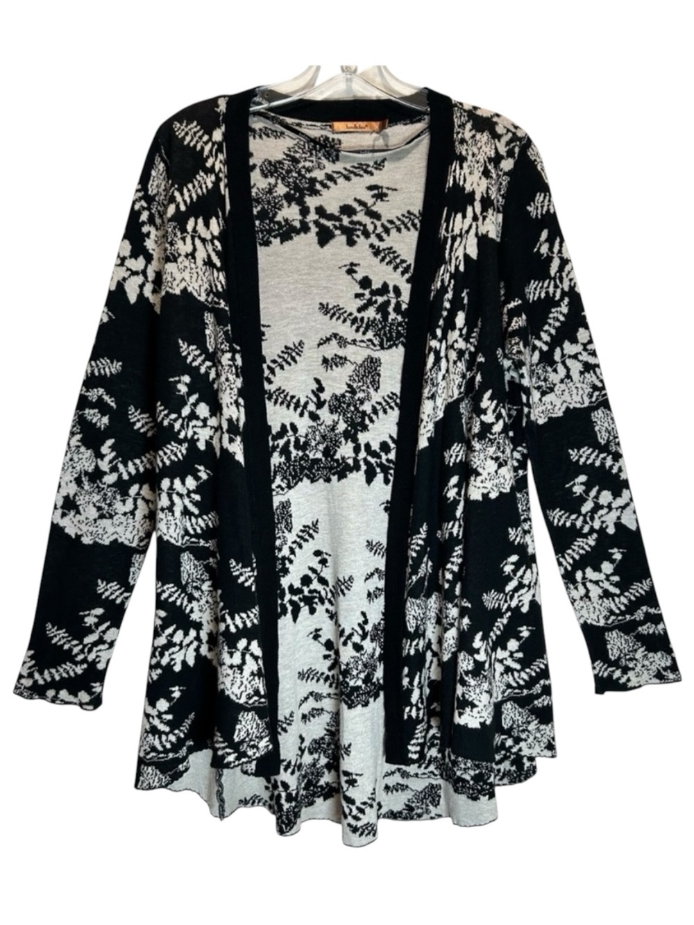 Belldini Black and Ivory Floral Cotton Blend Open Asymmetric Cardigan - Large